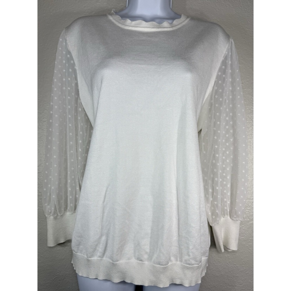 Adrianna Papell White Swiss Dot Sheer Sleeve Pullover Sweater Women's XL